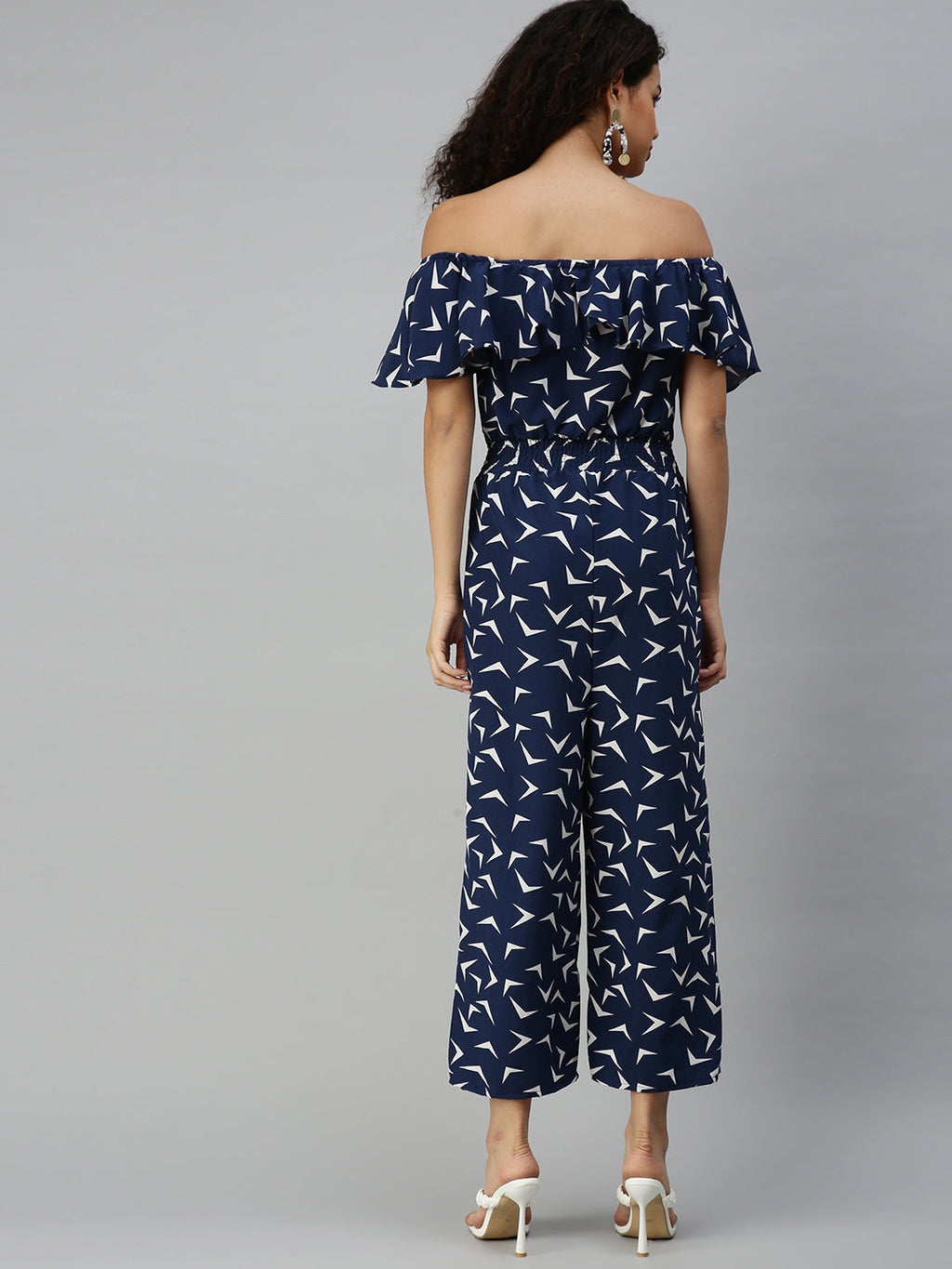 Women's Blue Off-Shoulder Printed Basic Jumpsuit