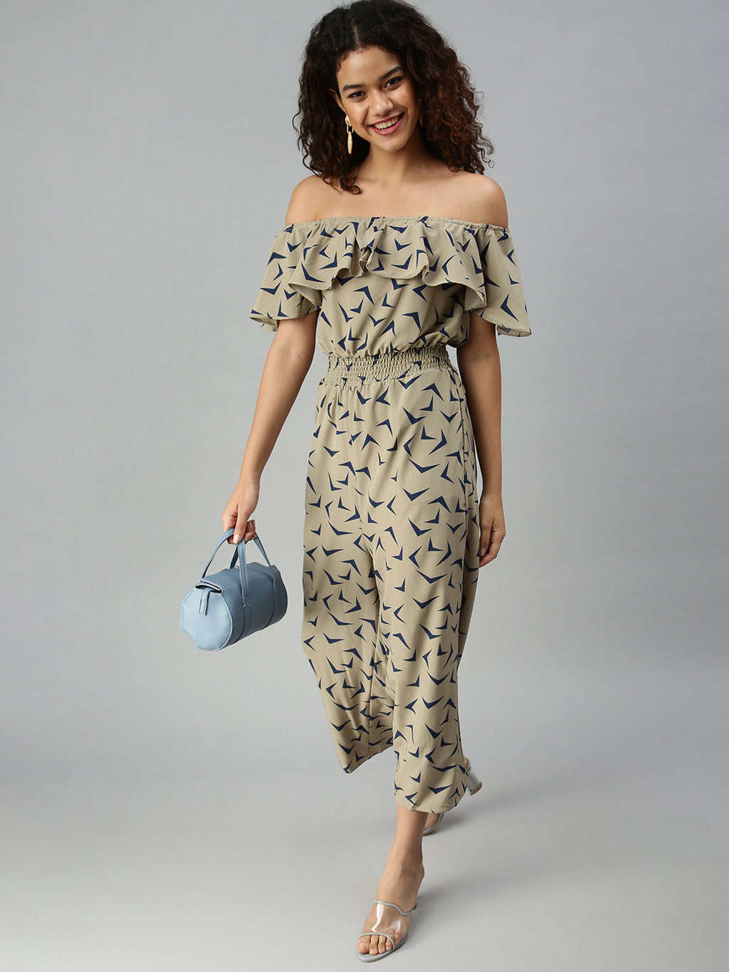 Women's Taupe Off-Shoulder Printed Basic Jumpsuit