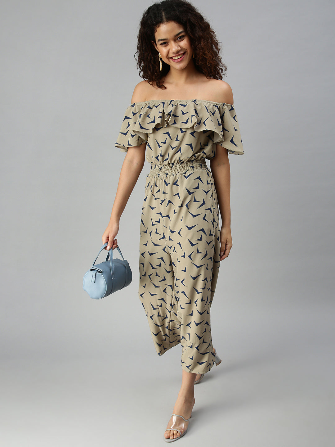 Women's Taupe Off-Shoulder Printed Basic Jumpsuit