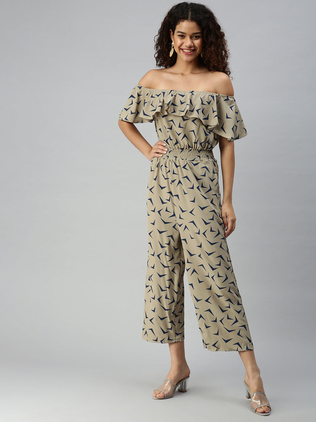 Women's Taupe Off-Shoulder Printed Basic Jumpsuit