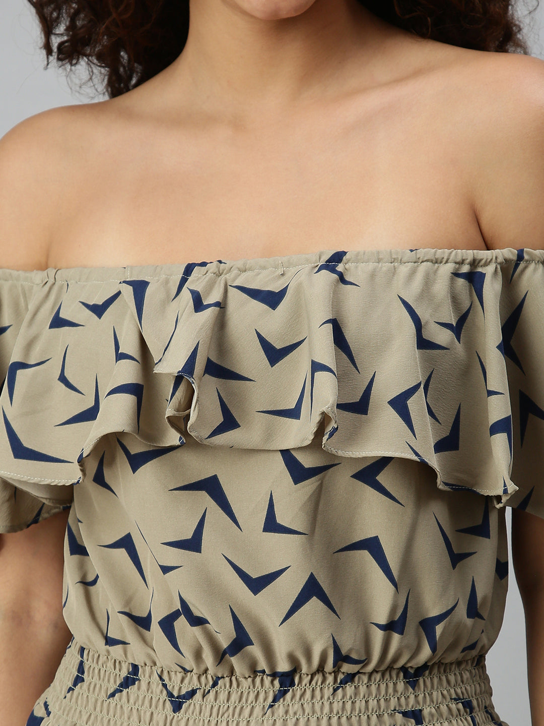 Women's Taupe Off-Shoulder Printed Basic Jumpsuit