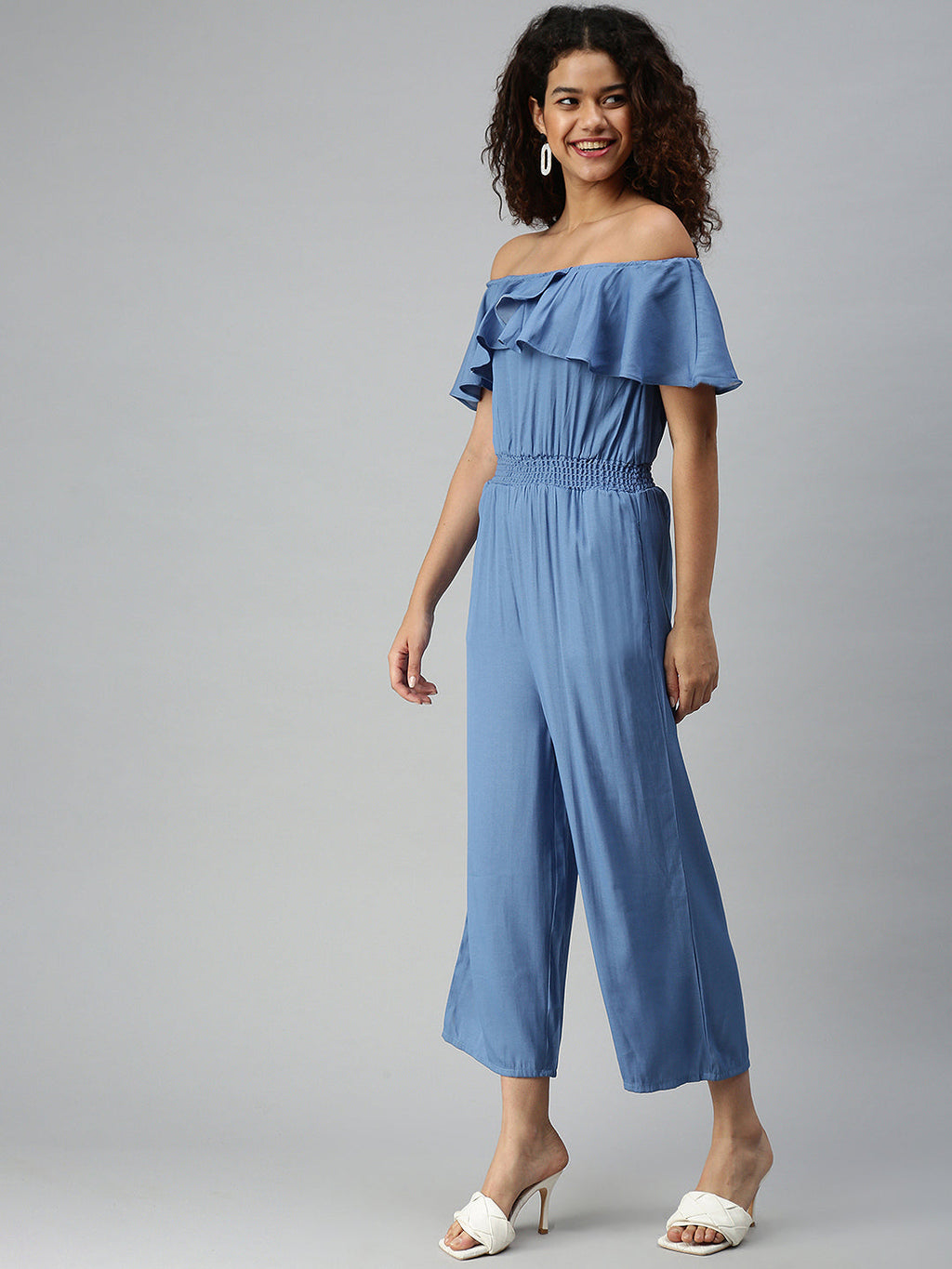 Women's Blue Off-Shoulder Cotton Basic Jumpsuit