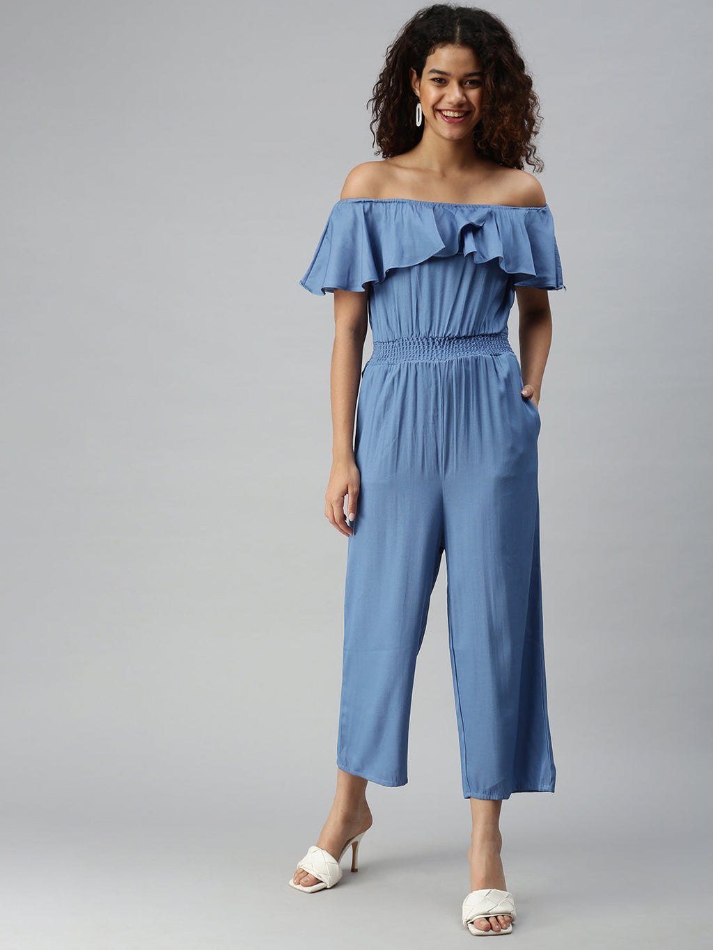 Women's Blue Off-Shoulder Cotton Basic Jumpsuit