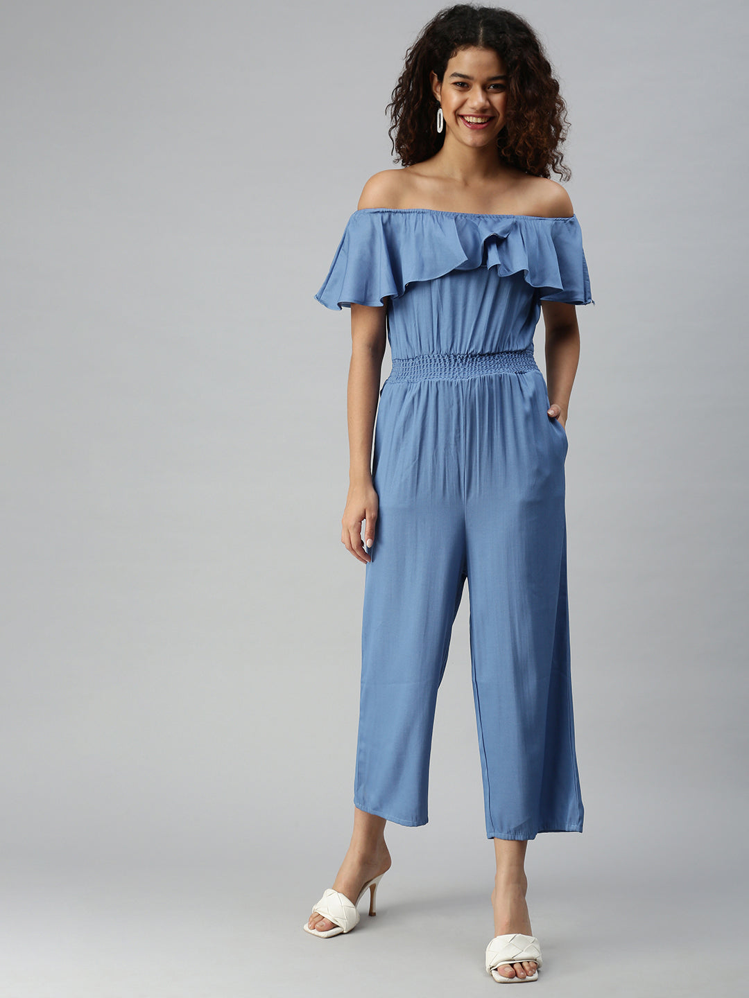 Women's Blue Off-Shoulder Cotton Basic Jumpsuit
