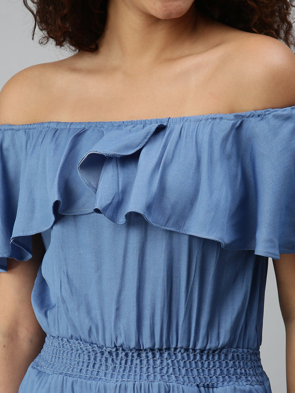 Women's Blue Off-Shoulder Cotton Basic Jumpsuit