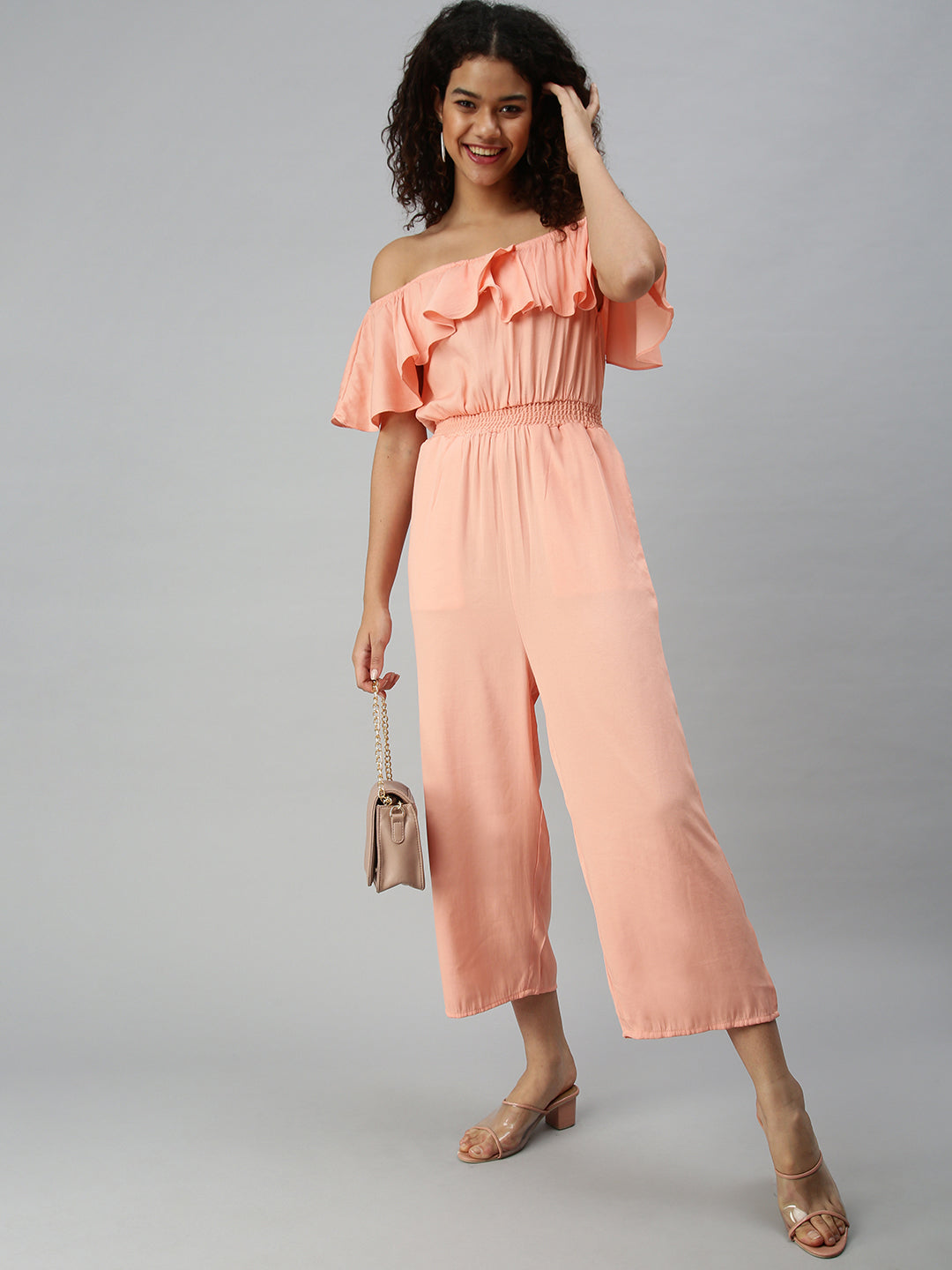 Women's Peach Solid Off-Shoulder Ruffles Cotton Basic Jumpsuit