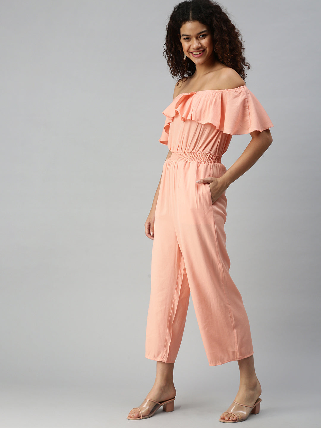 Women's Peach Solid Off-Shoulder Ruffles Cotton Basic Jumpsuit