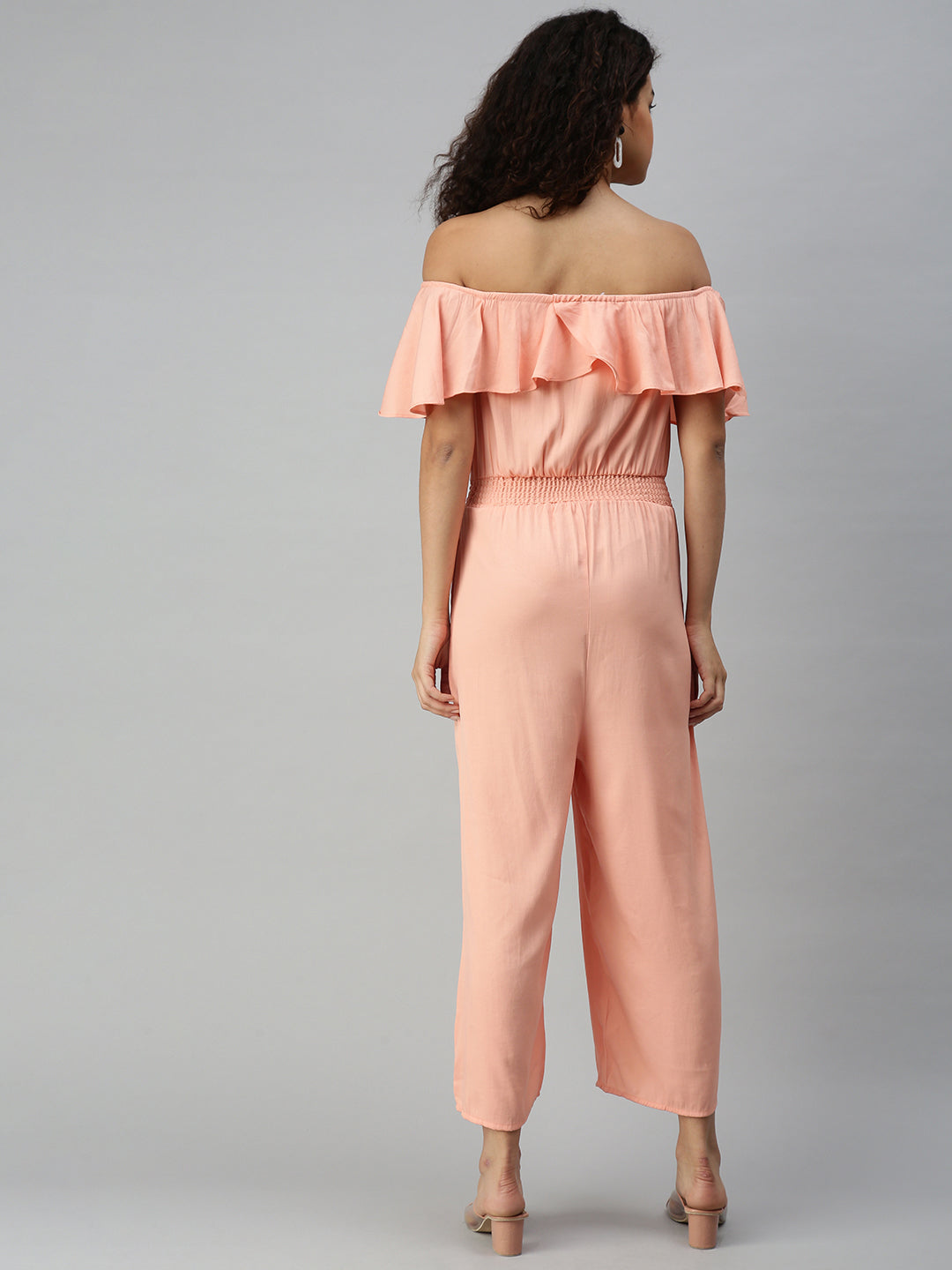 Women's Peach Solid Off-Shoulder Ruffles Cotton Basic Jumpsuit