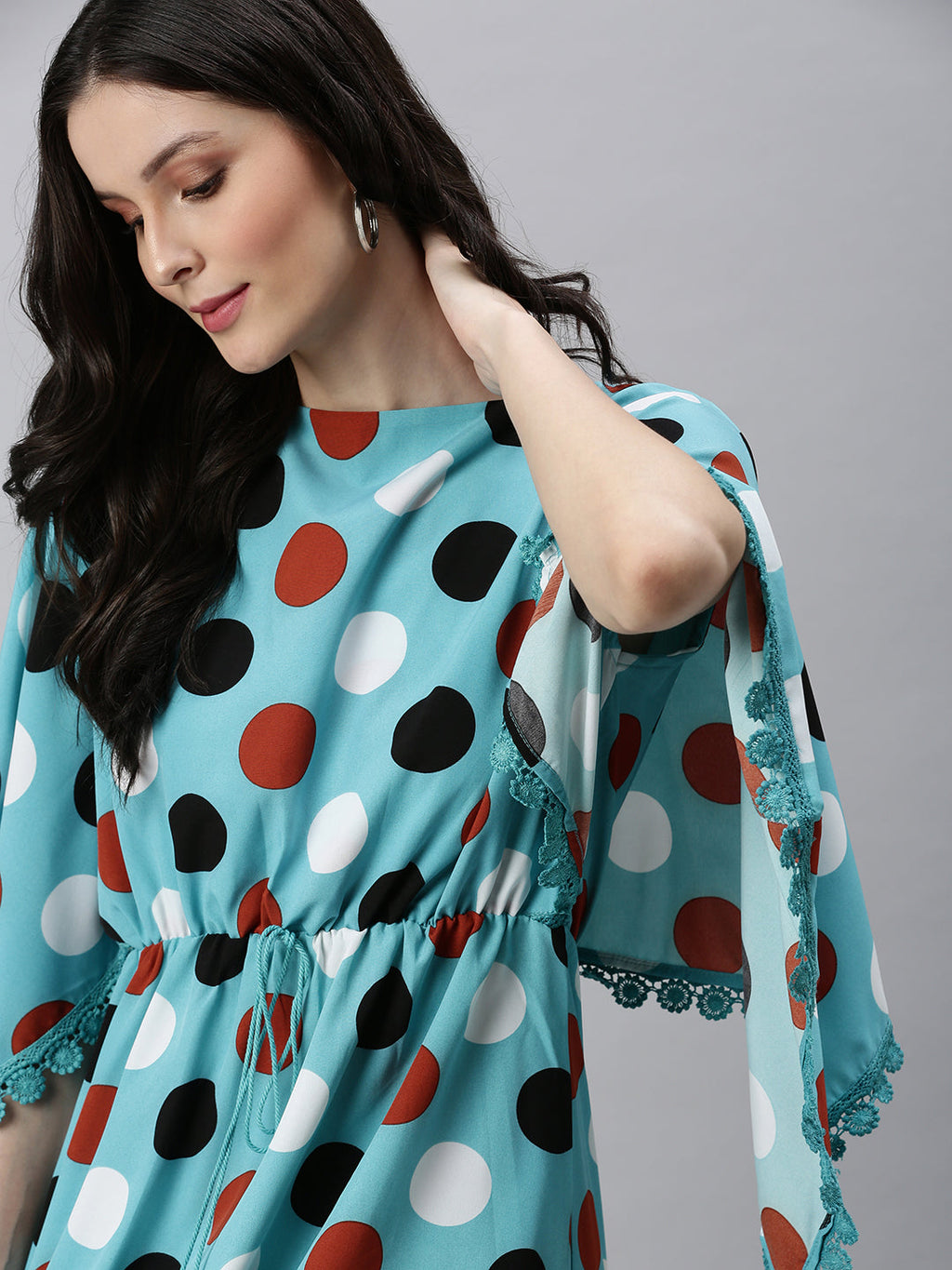 Women's Blue Polka Dots Printed Crepe Kaftan Dress