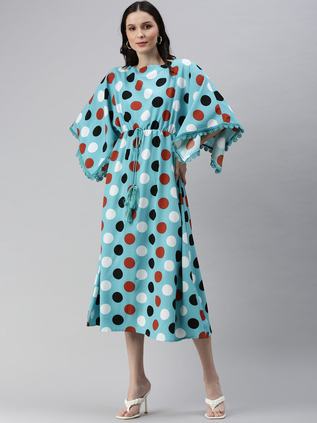 Women's Blue Polka Dots Printed Crepe Kaftan Dress