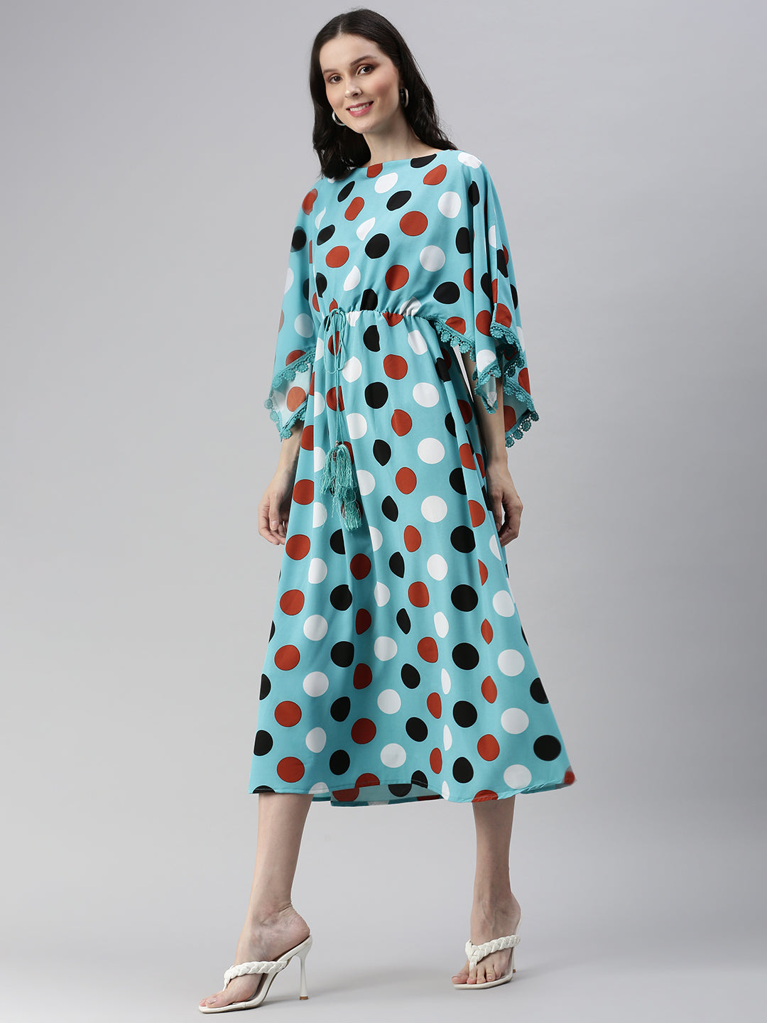 Women's Blue Polka Dots Printed Crepe Kaftan Dress