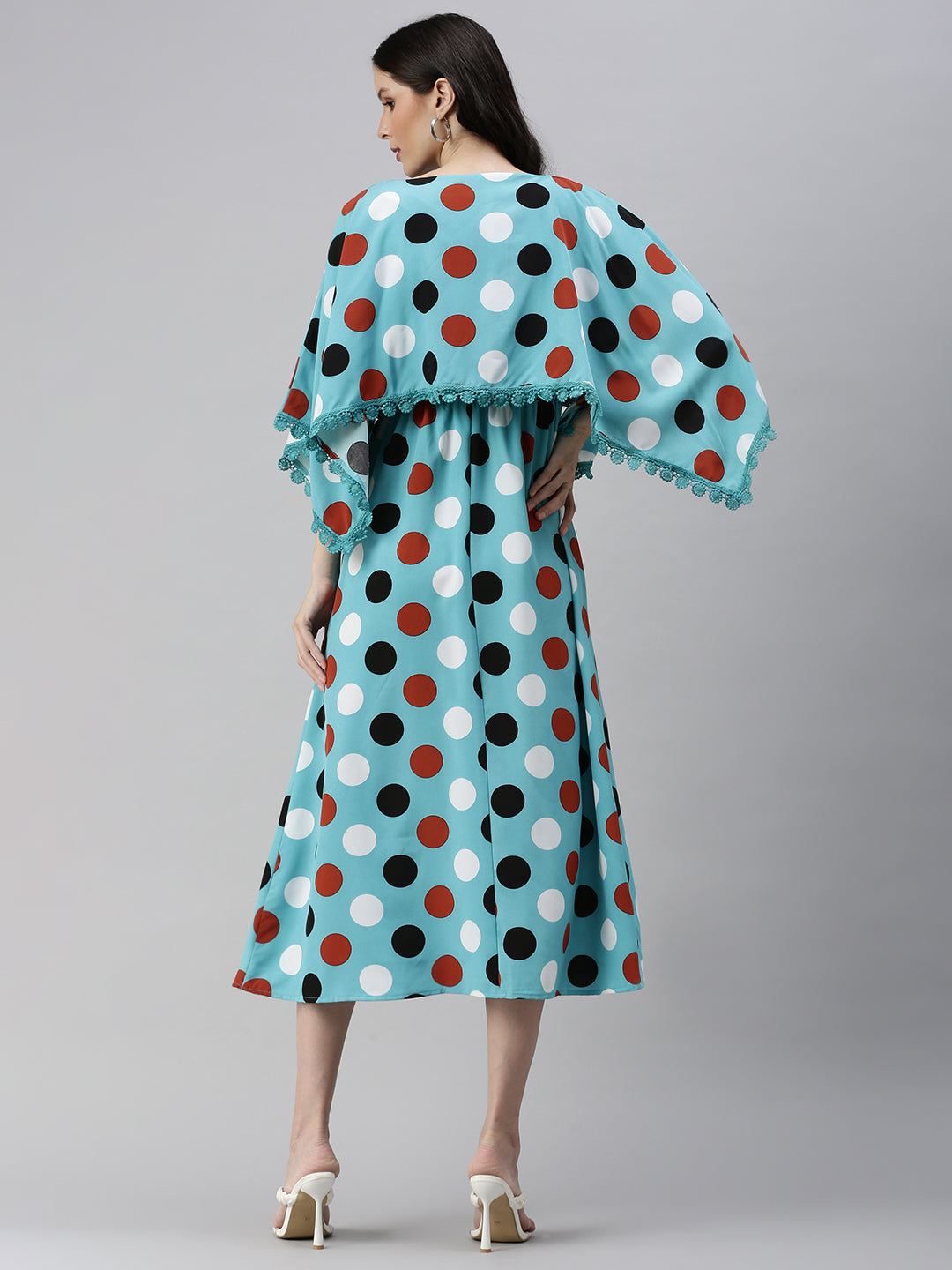 Women's Blue Polka Dots Printed Crepe Kaftan Dress