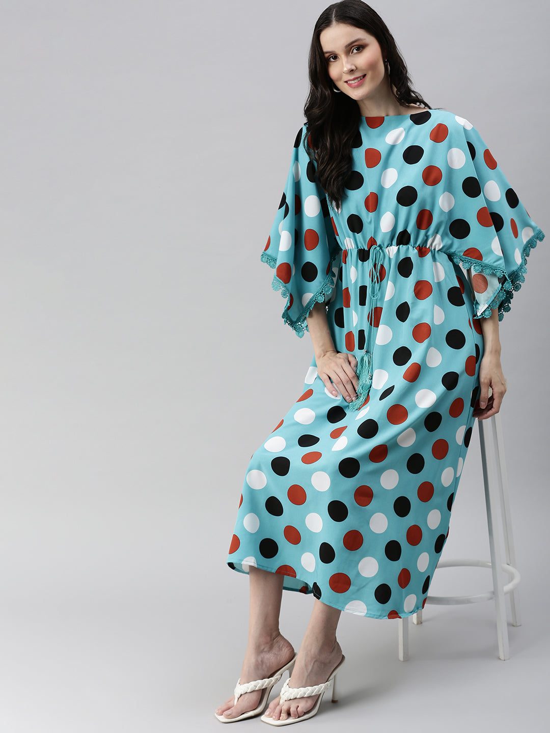 Women's Blue Polka Dots Printed Crepe Kaftan Dress