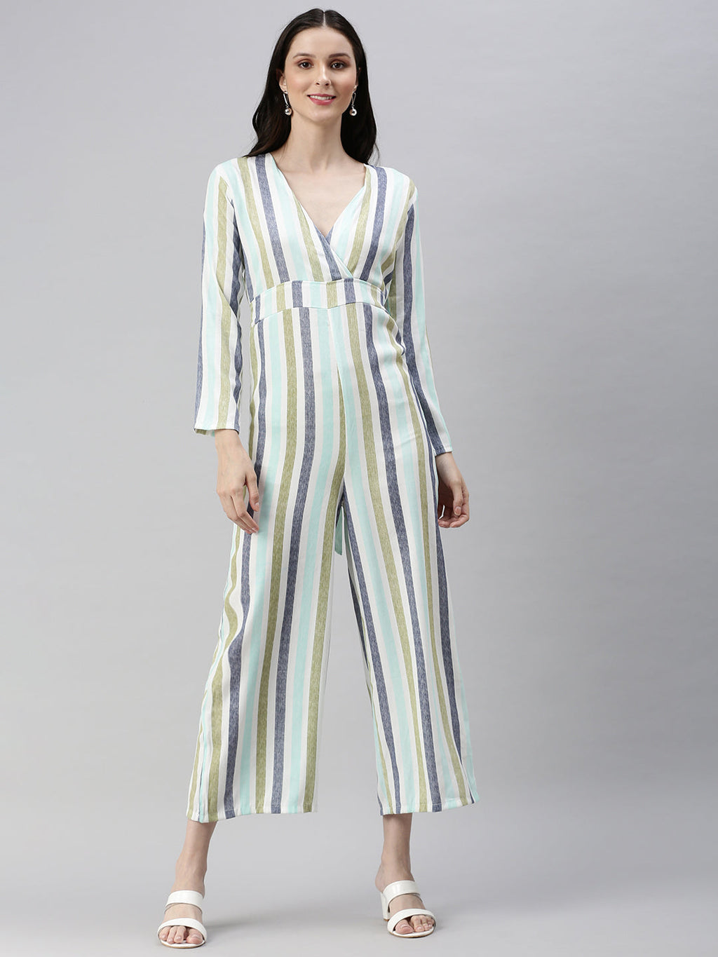 Women's White Striped Basic Jumpsuit