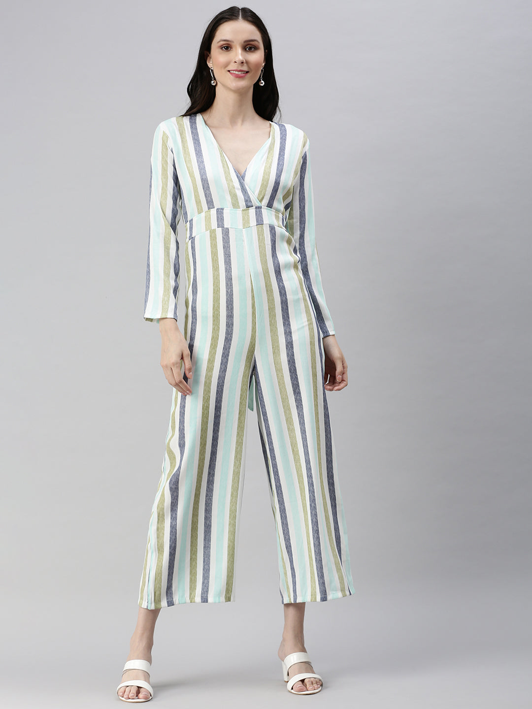 Women's White Striped Basic Jumpsuit