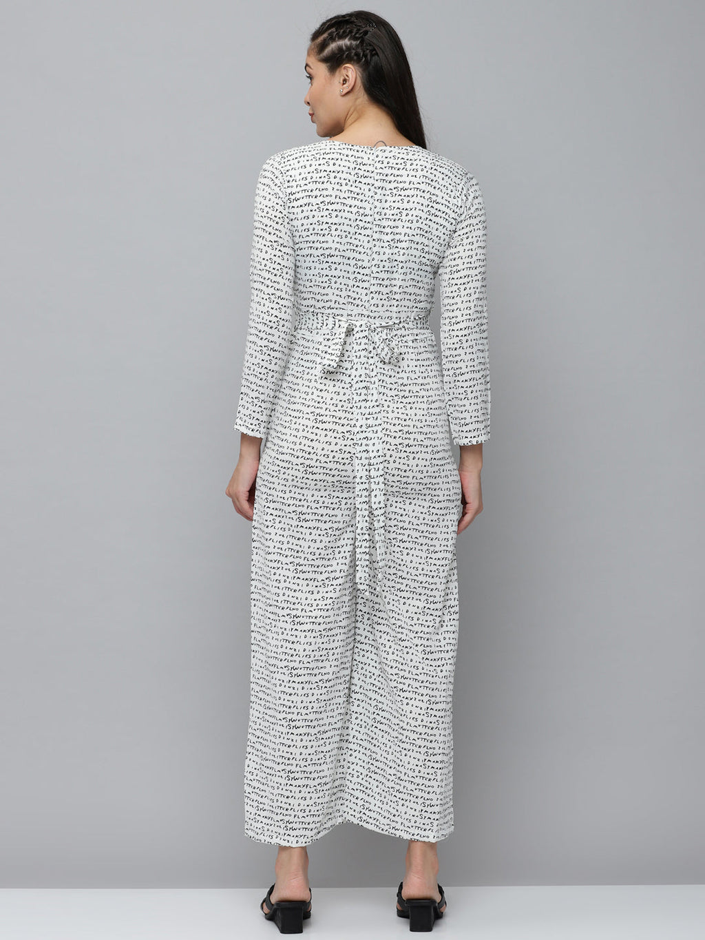 Women's White Printed V-Neck Long Sleeves Basic Jumpsuit