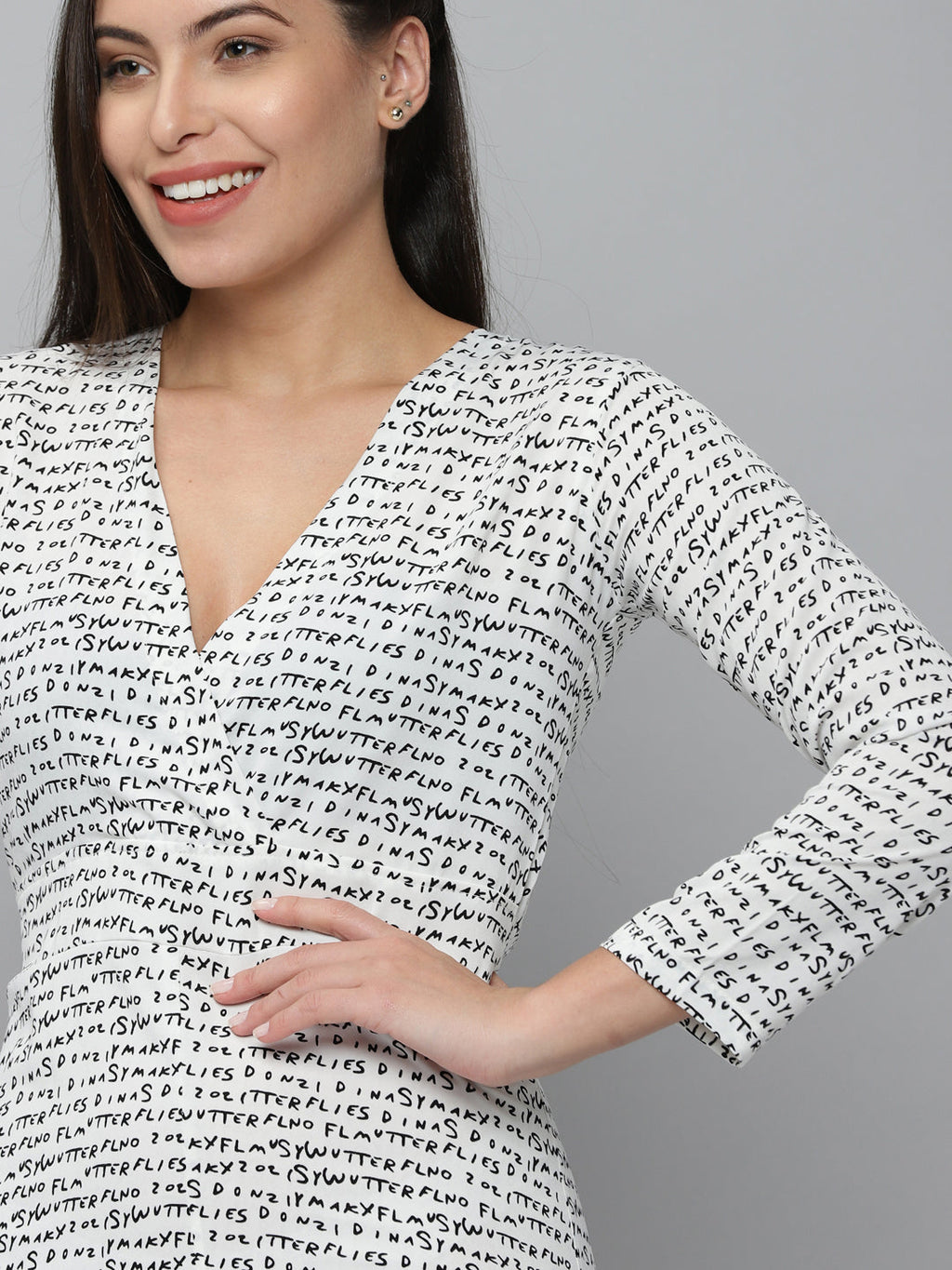 Women's White Printed V-Neck Long Sleeves Basic Jumpsuit