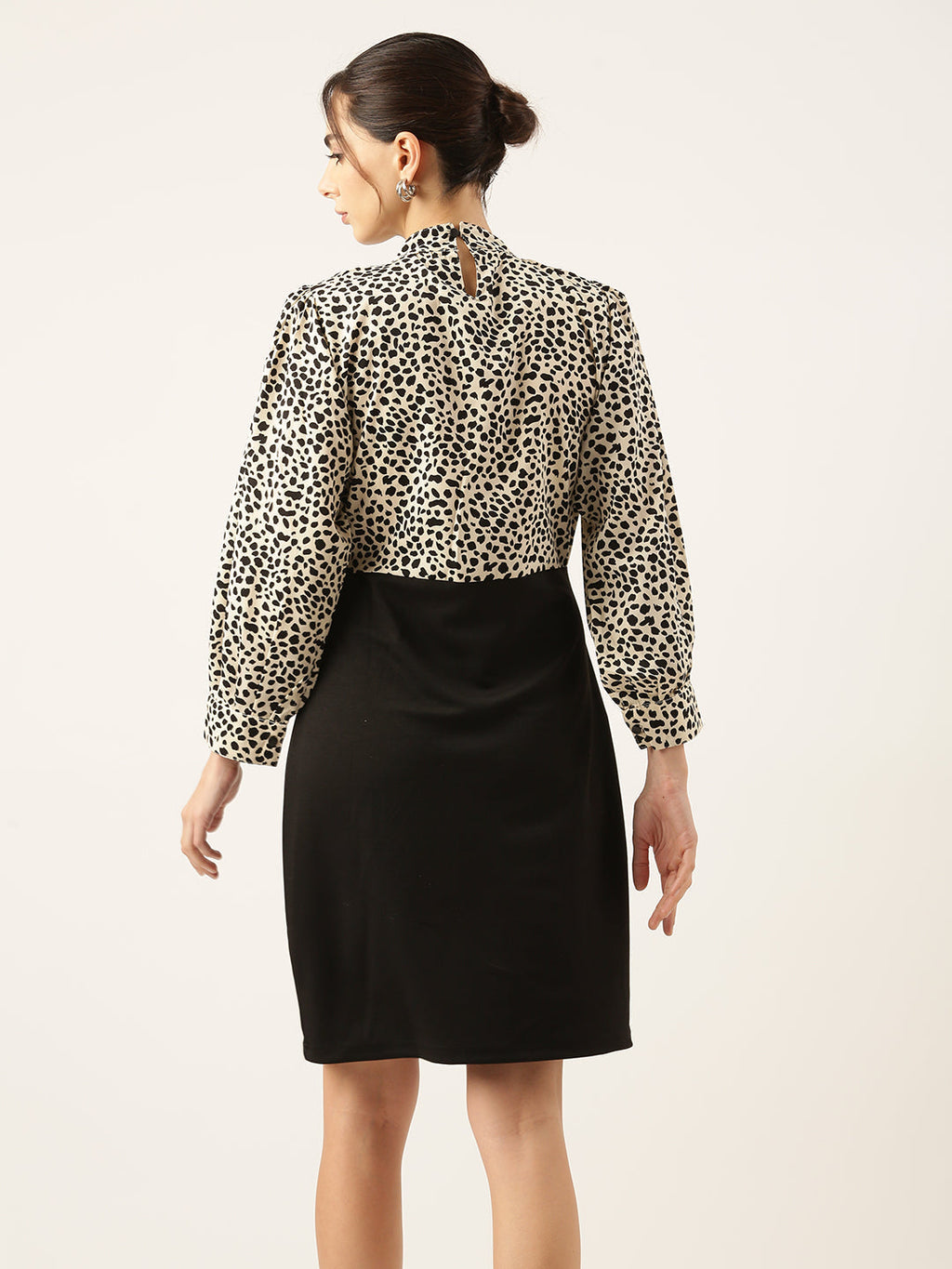 Women's Printed Cream Top and Black Button Skirt Dress with Front Slit