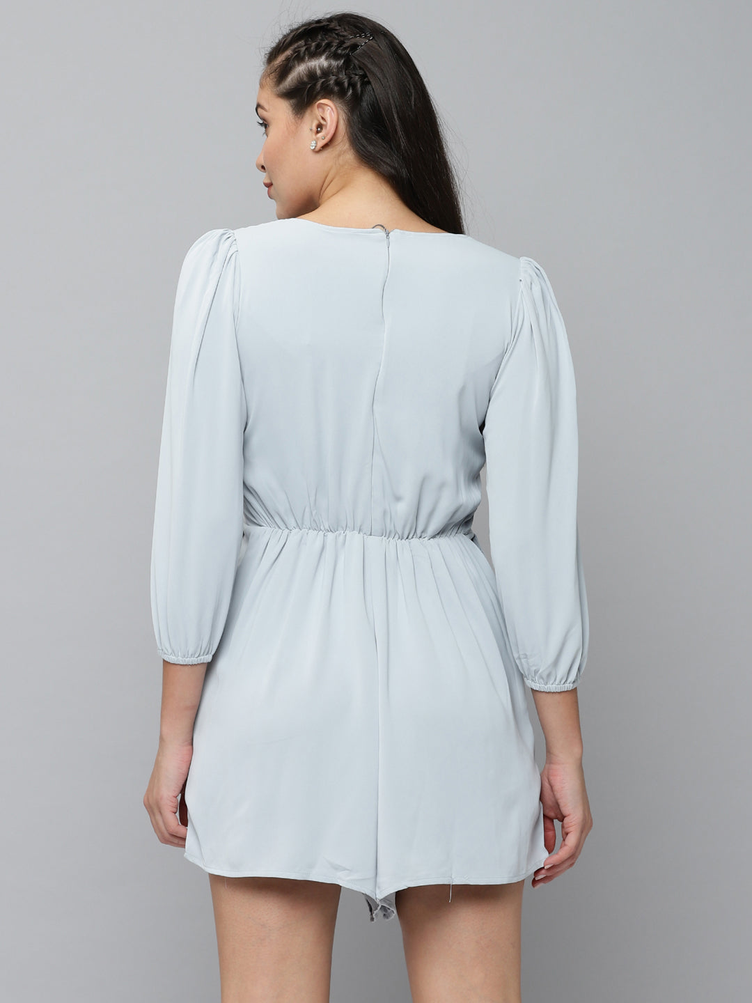 Women's Grey Solid V-Neck Three-Quarter Sleeves Jumpsuit