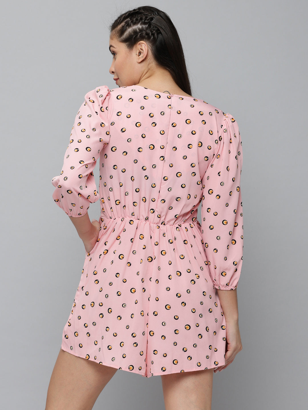 Women's Pink Printed V-Neck Three-Quarter Sleeves Jumpsuit