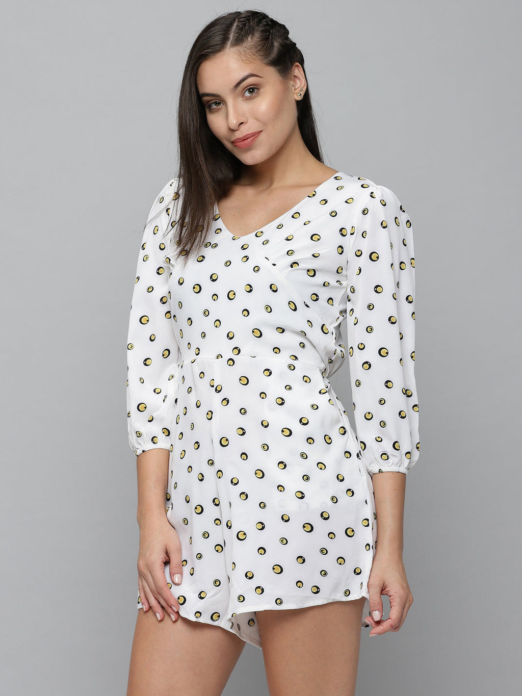 Women's White Printed V-Neck Three-Quarter Sleeves Jumpsuit