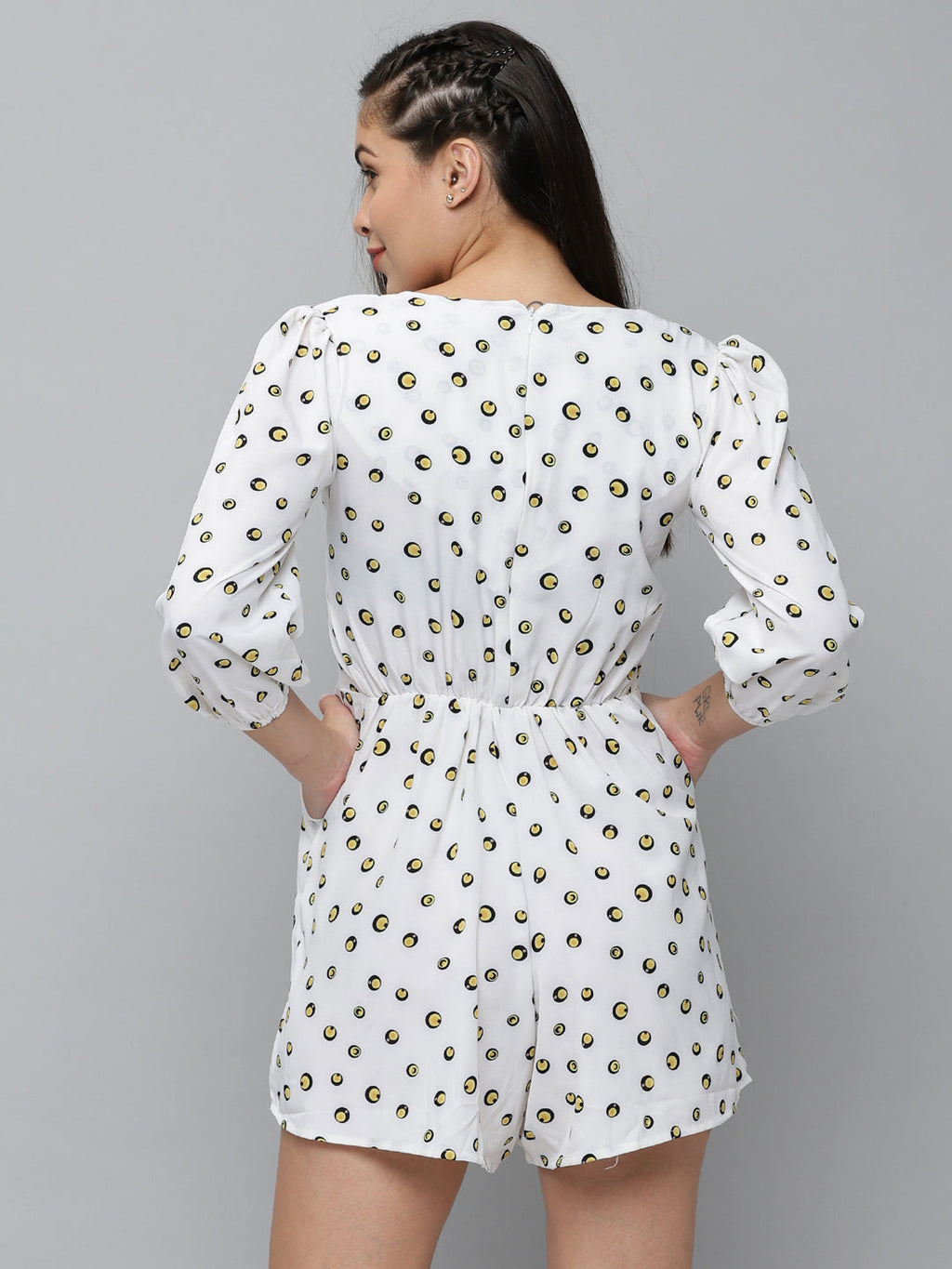 Women's White Printed V-Neck Three-Quarter Sleeves Jumpsuit