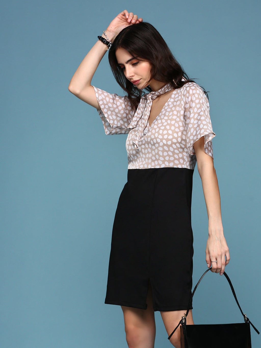 Women's Beige Tie-Up Neck Blouson Dress