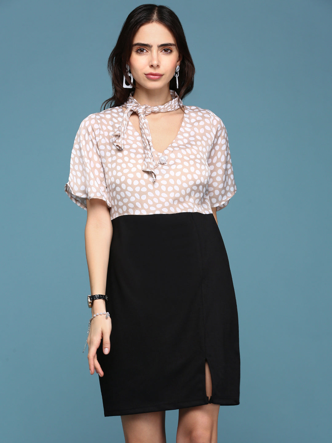 Women's Beige Tie-Up Neck Blouson Dress