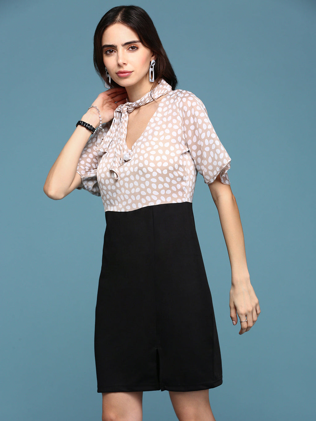 Women's Beige Tie-Up Neck Blouson Dress