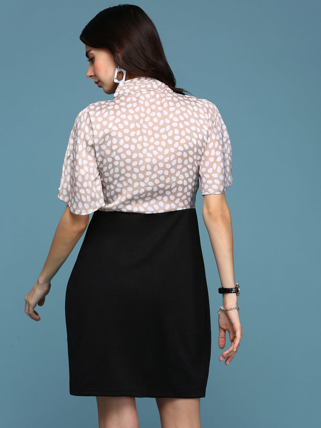 Women's Beige Tie-Up Neck Blouson Dress