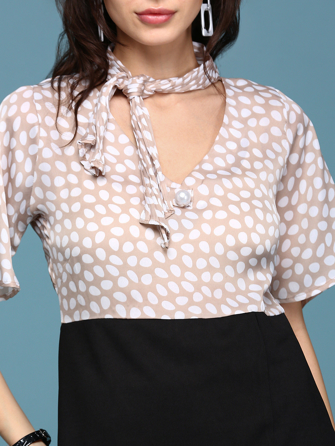 Women's Beige Tie-Up Neck Blouson Dress