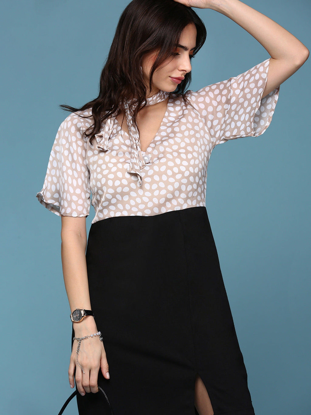 Women's Beige Tie-Up Neck Blouson Dress