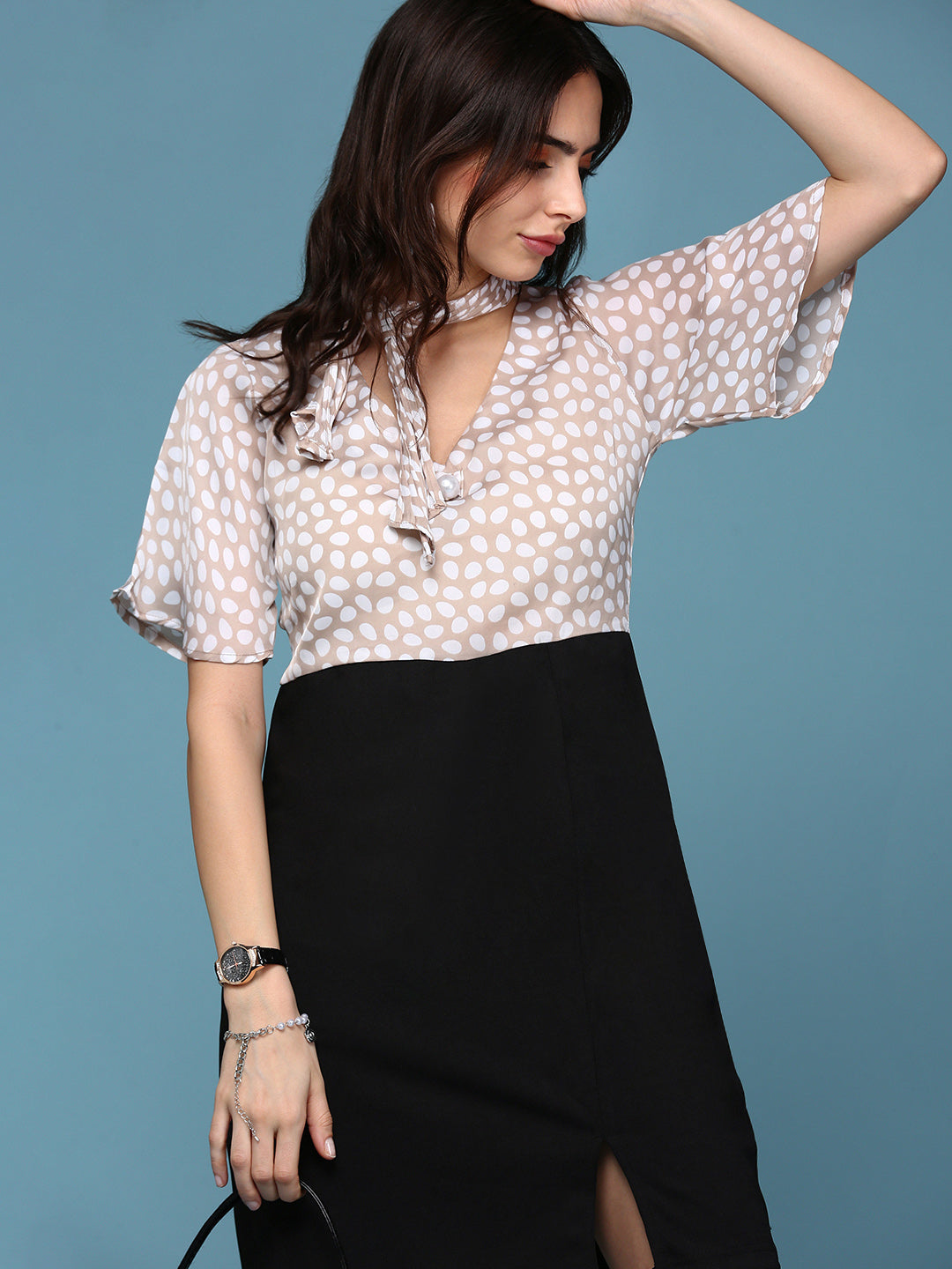 Women's Beige Tie-Up Neck Blouson Dress