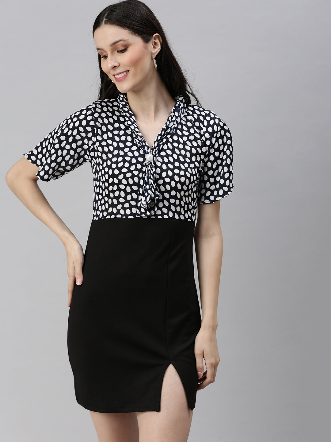 Women's Navy Blue Tie-Up Neck Sheath Dress