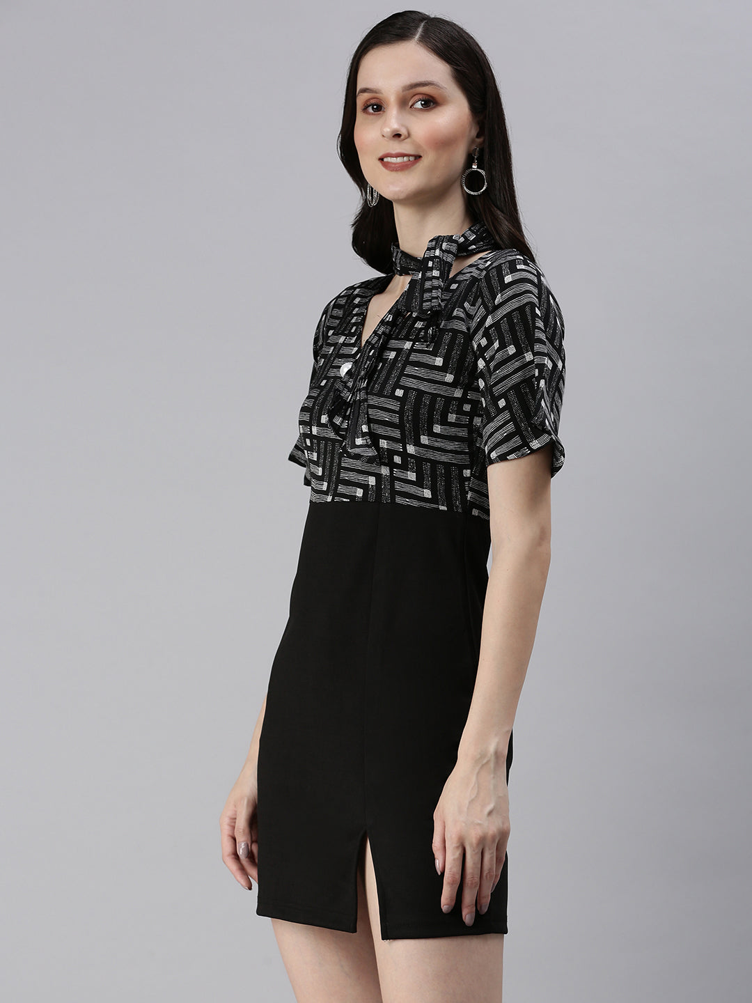 Women's Black Tie-Up Neck Sheath Dress