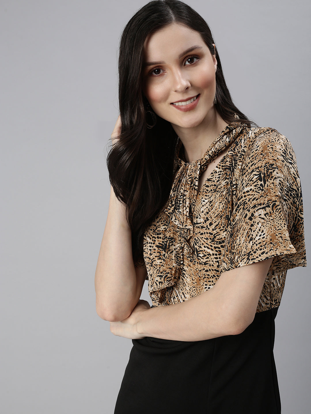 Women's Beige Animal Tie-Up Neck Sheath Dress