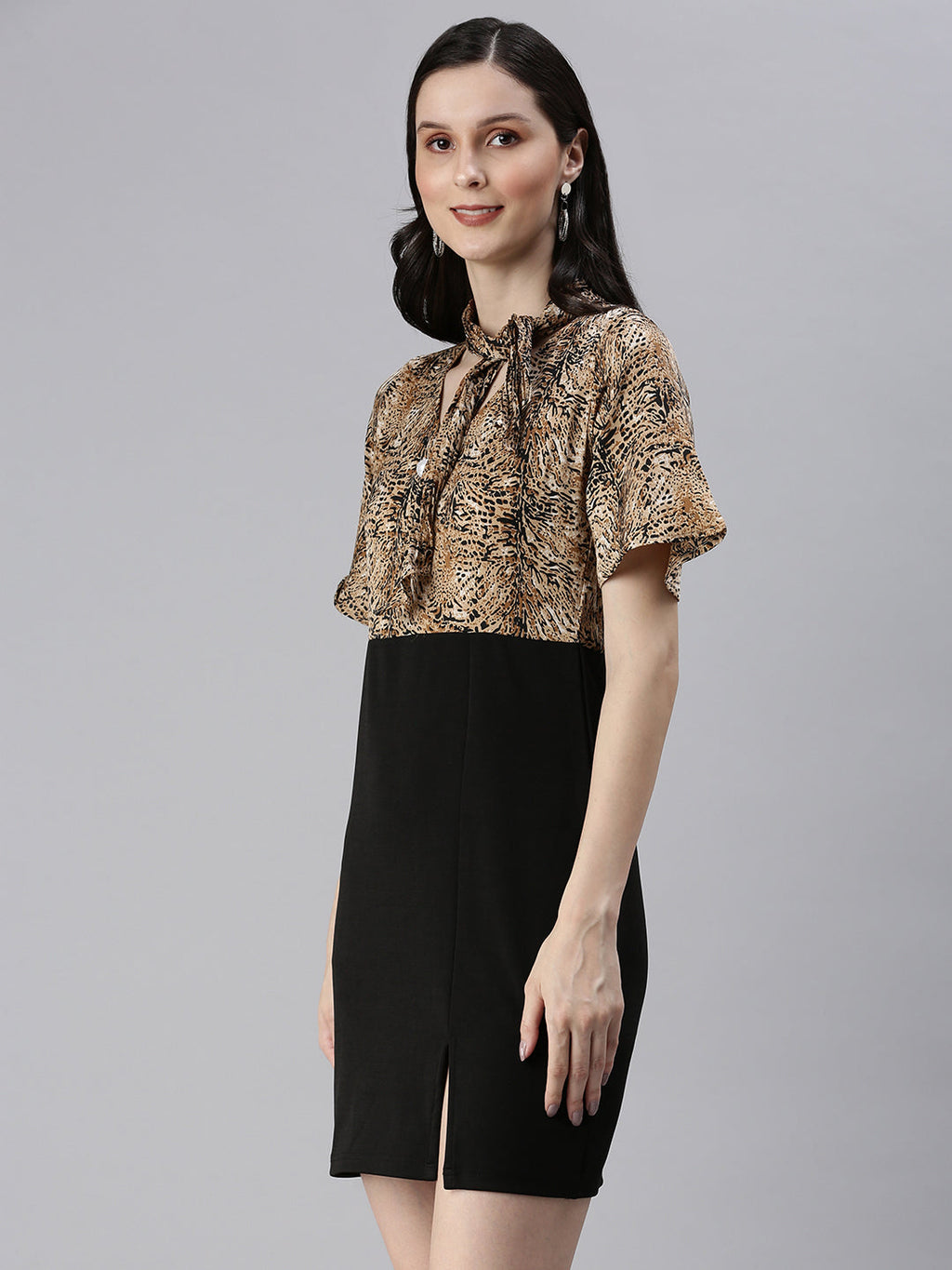 Women's Beige Animal Tie-Up Neck Sheath Dress