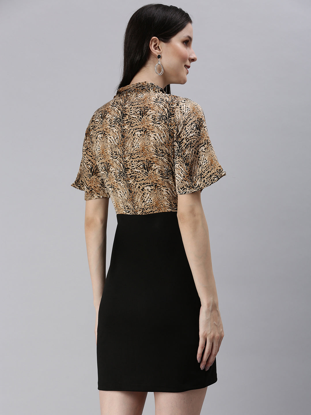 Women's Beige Animal Tie-Up Neck Sheath Dress