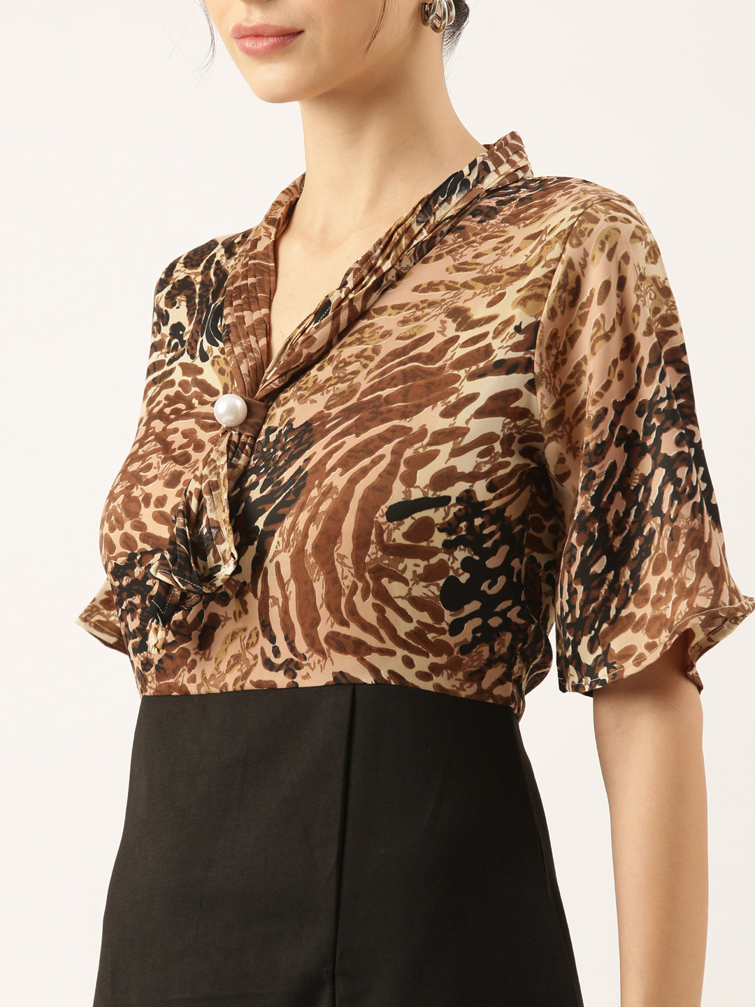 Women's Brown Printed Flared Sleeve Sheath Dress