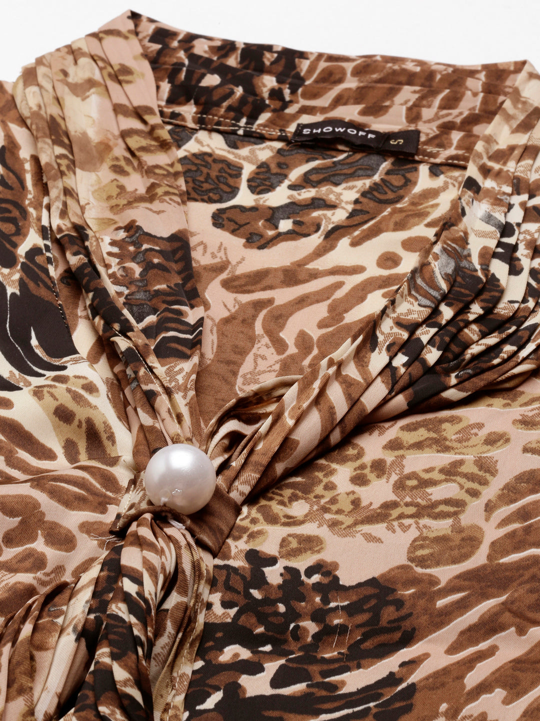 Women's Brown Printed Flared Sleeve Sheath Dress