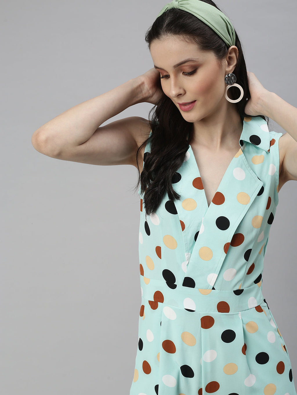 Women's Sea Green Printed Sleeveless Basic Jumpsuit