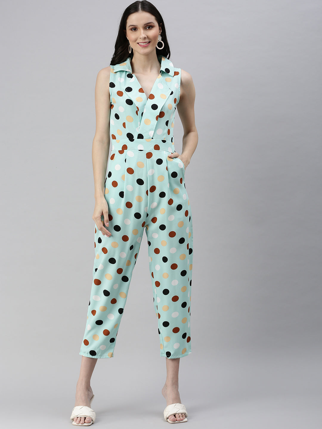 Women's Sea Green Printed Sleeveless Basic Jumpsuit