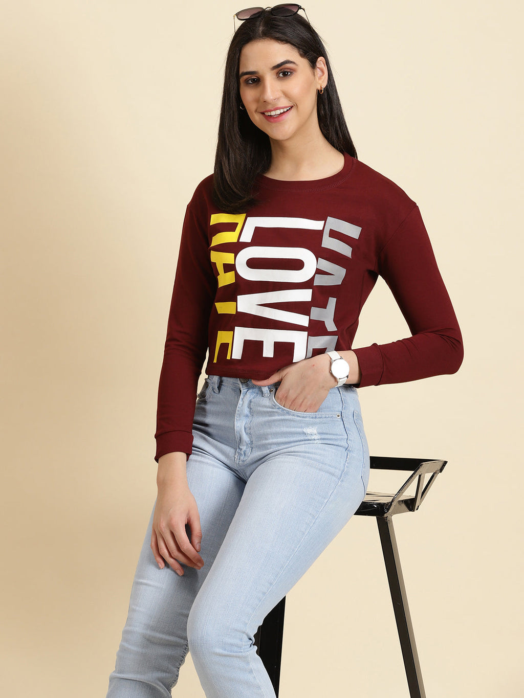 Women's Maroon Typography Printed Top