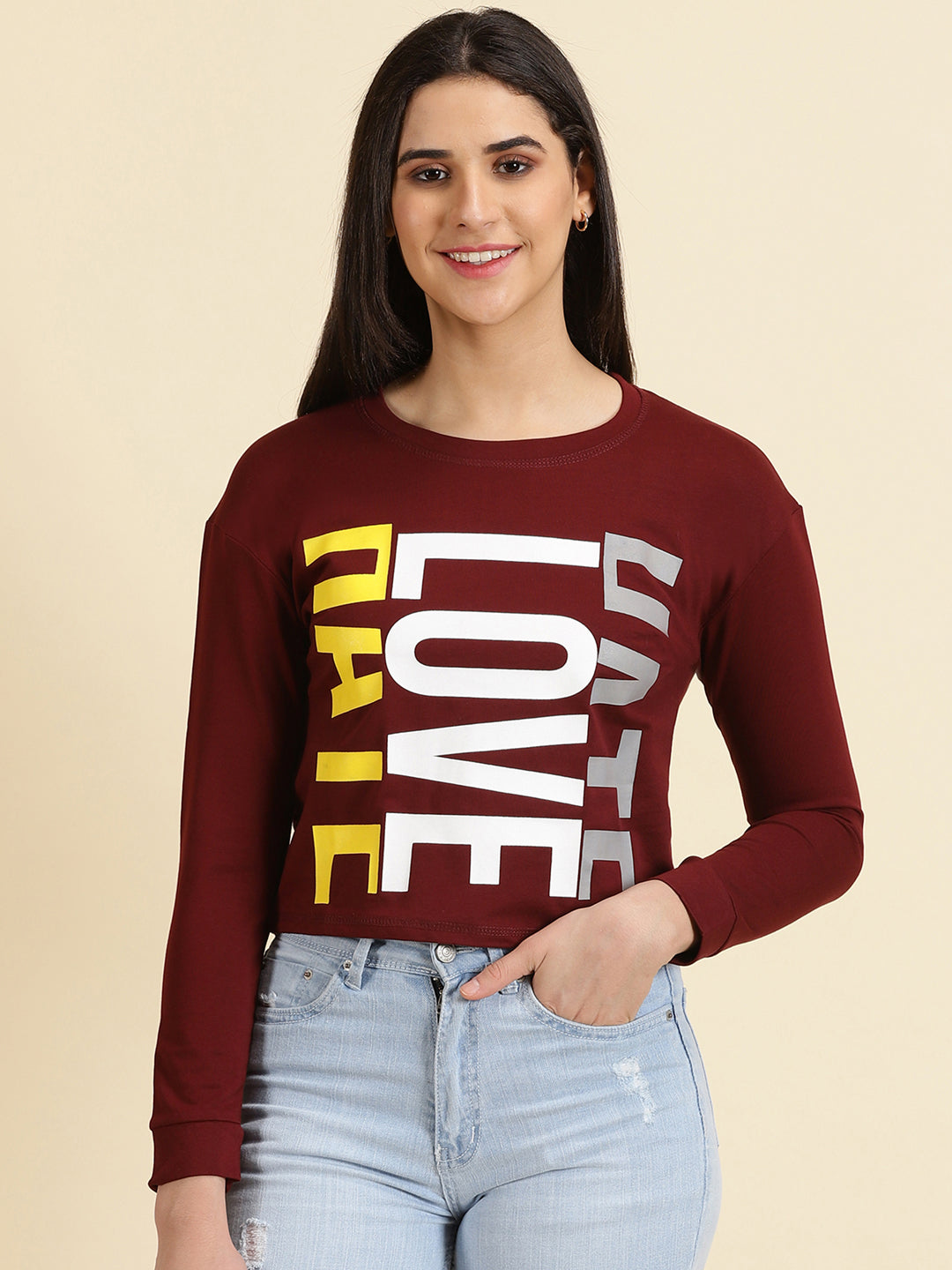 Women's Maroon Typography Printed Top