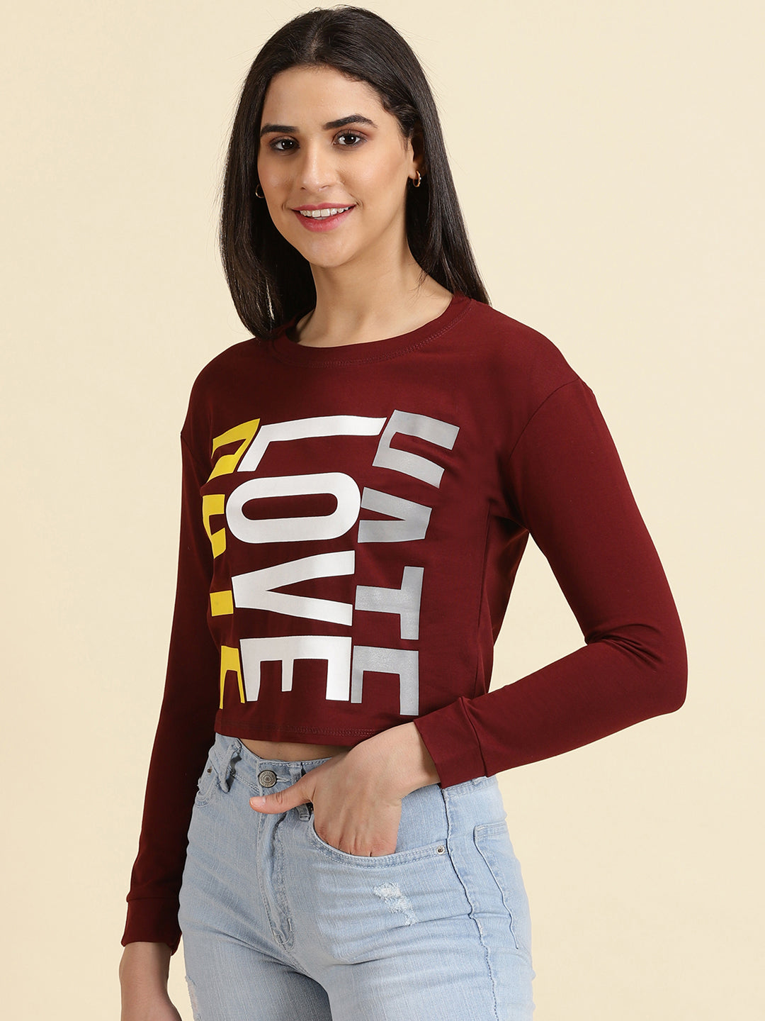 Women's Maroon Typography Printed Top