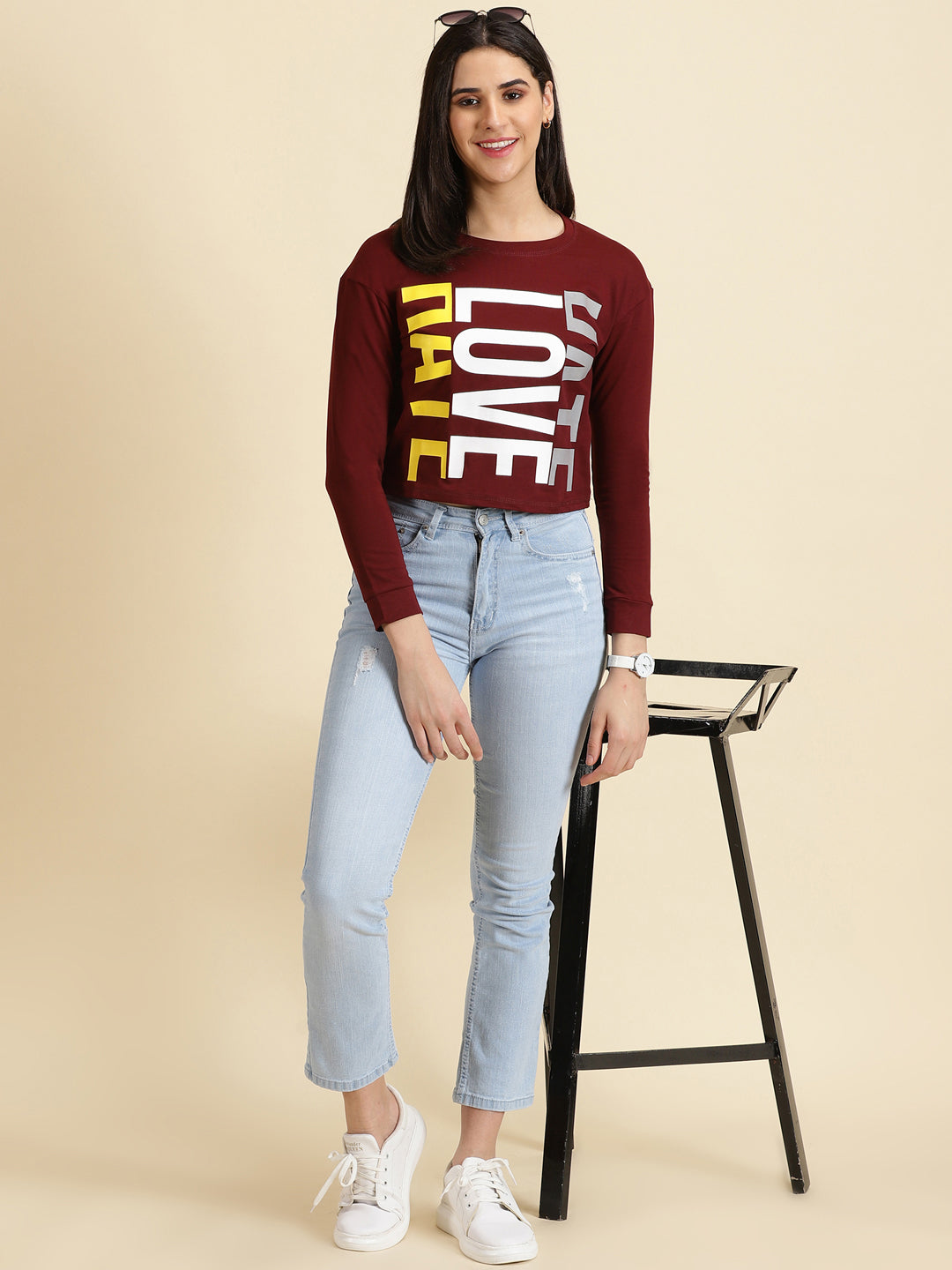Women's Maroon Typography Printed Top