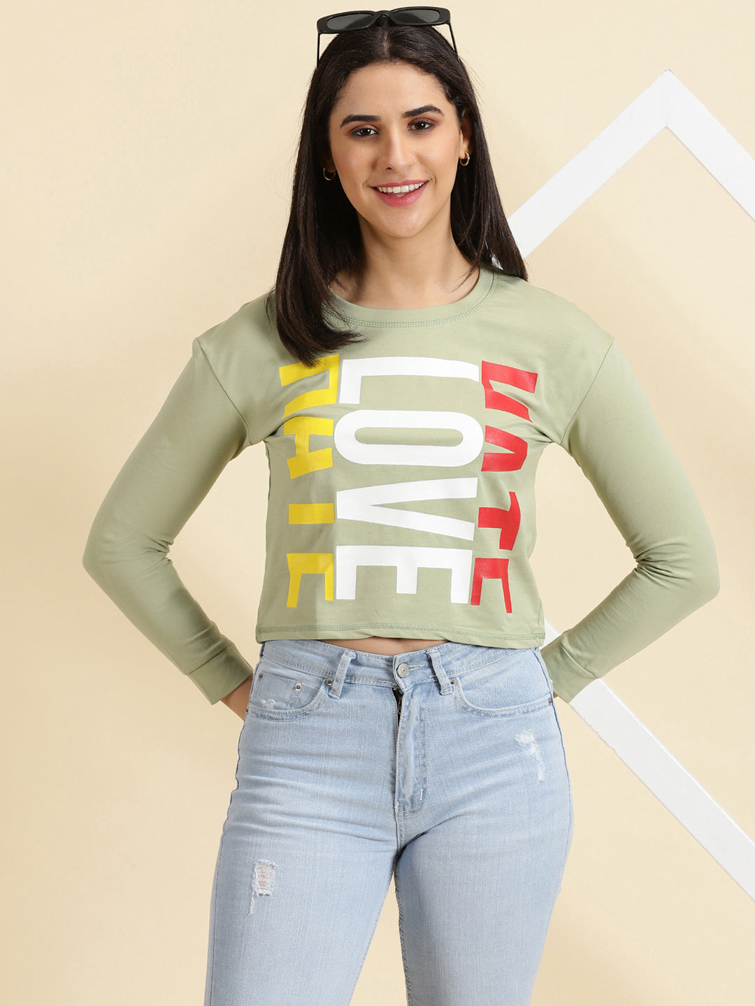 Women's Sea Green Printed Round Neck Top
