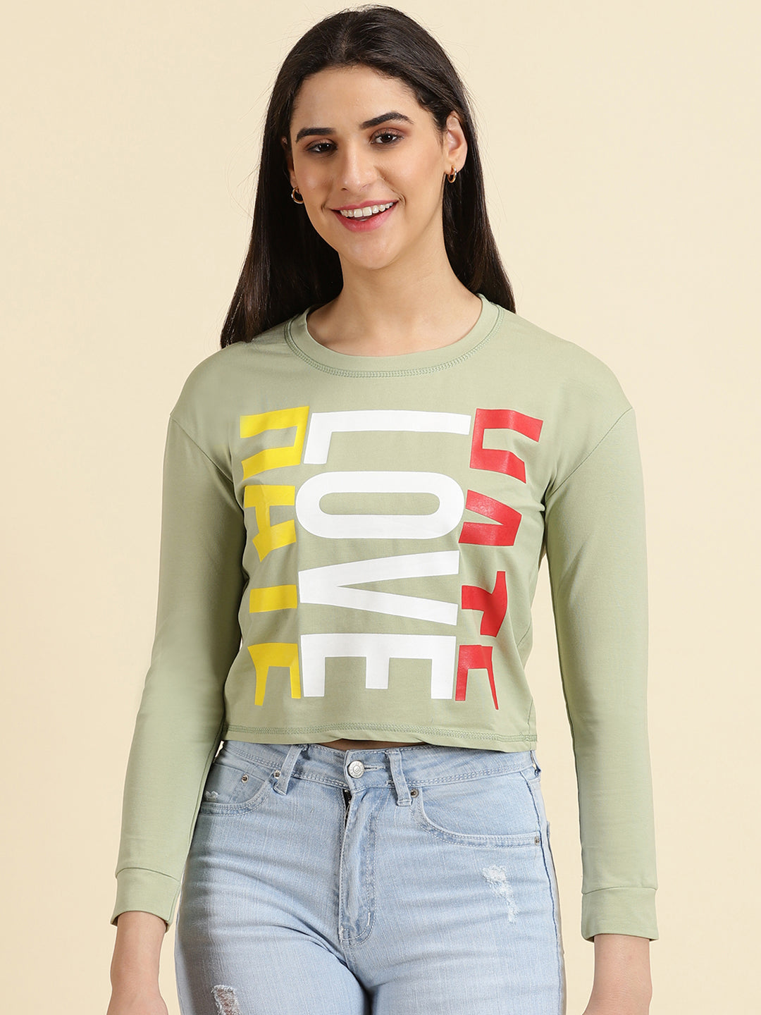 Women's Sea Green Printed Round Neck Top