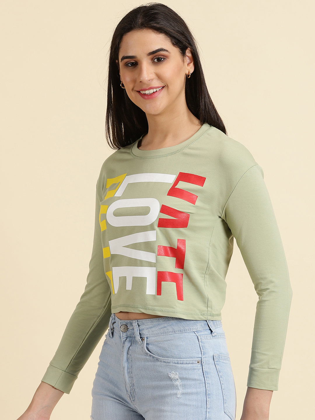 Women's Sea Green Printed Round Neck Top