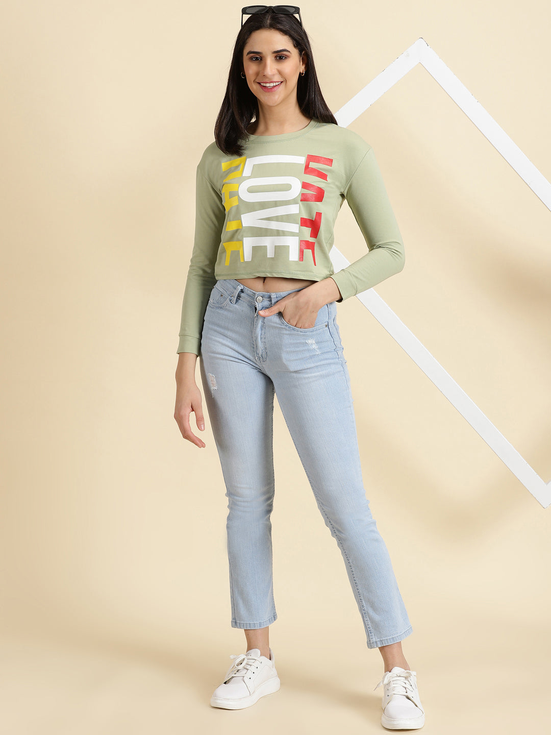 Women's Sea Green Printed Round Neck Top